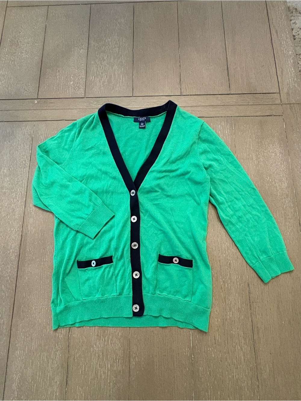 Chaps Bright Green Cardigan with dark navy Trim